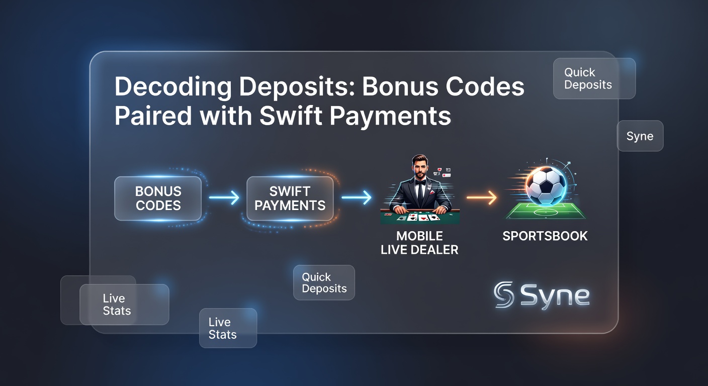 Grafik zeigt Synergie-Fluss: Einlage-Pfeil zu Bonus-Code, der Live-Dealer und Sportwetten verbindet, mit Uhr für Swift-Zahlung